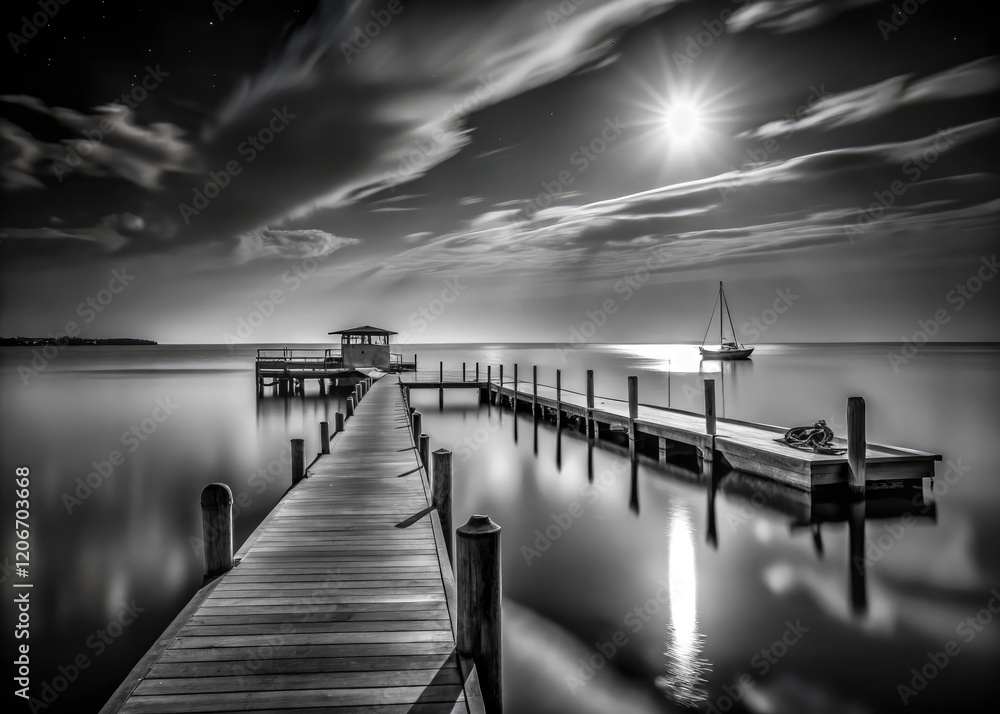 Fototapeta premium Tilt-shift moonlit pier, black and white lithograph, capturing a tranquil seascape's essence.