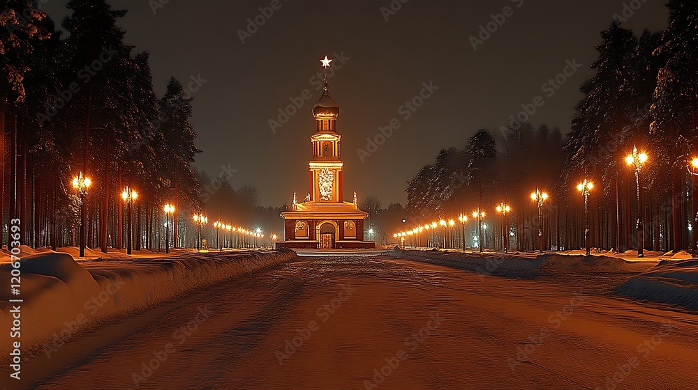 Fototapeta premium Illuminated Winter Chapel Snow Pathway Night Scene