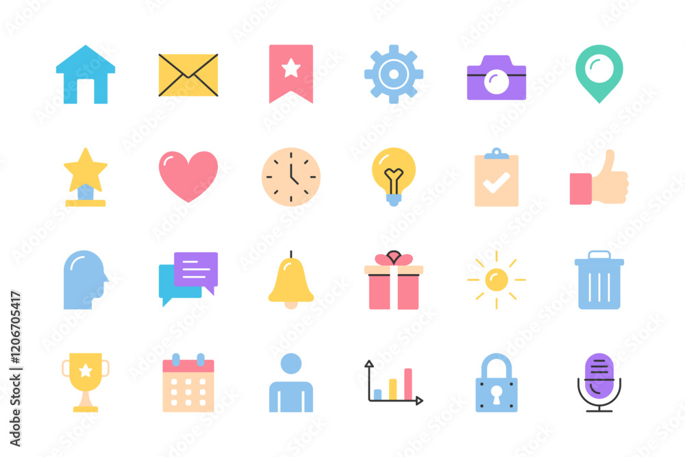 Set of colored basic flat line icons set - house, email, calendar, chat and other icons, vector eps10 illustration Set of colored basic flat line icons set - house, email, calendar, chat and other icons, vector eps10 illustration