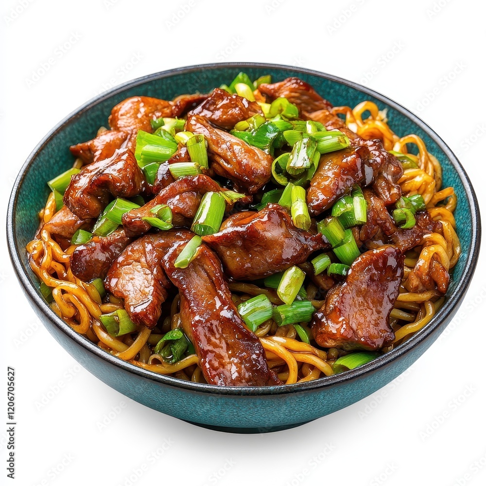 A bowl of hoisin duck noodles with spring onions, isolated on white A bowl of hoisin duck noodles with spring onions, isolated on white