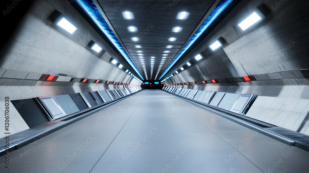 Naklejka premium Futuristic corridor, illuminated, sleek design, empty, modern architecture, sci-fi setting, website banner