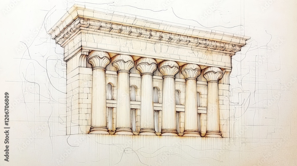 Fototapeta premium Classical Architectural Drawing of Ancient Columns and Pediment in Detailed Sketch Style on Cream Background
