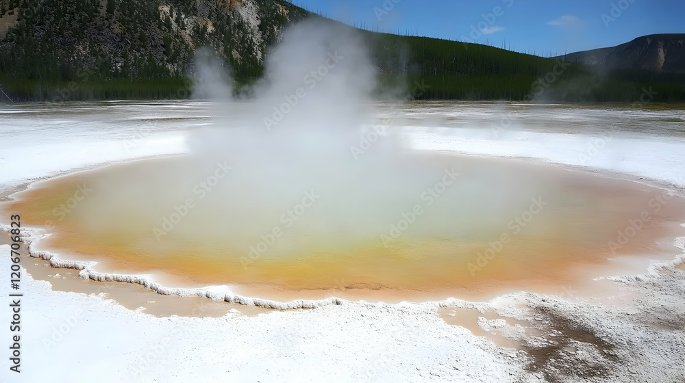 Geothermal spring steaming in Yellowstone National Park, Wyoming, USA. Background shows mountains and forest. Ideal for travel brochures Geothermal spring steaming in Yellowstone National Park, Wyoming, USA. Background shows mountains and forest. Ideal for travel brochures