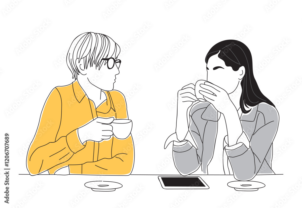 Two business women having casual meeting with coffee break. Simple sketch style outline drawing isolated on transparent background. Two business women having casual meeting with coffee break. Simple sketch style outline drawing isolated on transparent background.