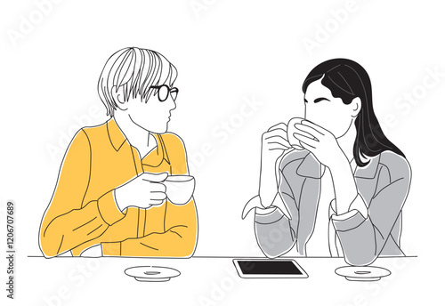 Two business women having casual meeting with coffee break. Simple sketch style outline drawing isolated on transparent background.