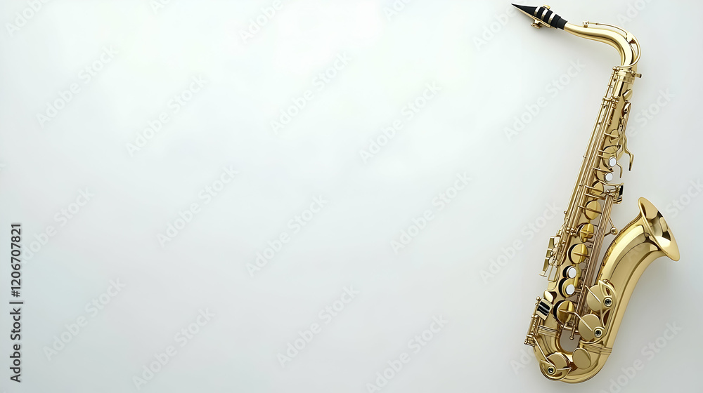 Fototapeta premium Gold alto saxophone on white background, music instrument concept, copy space