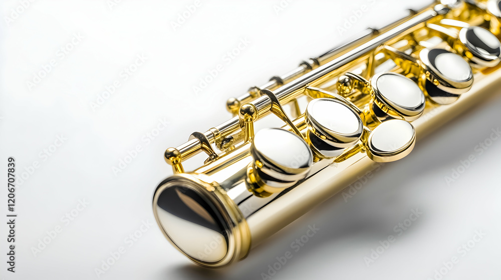 Fototapeta premium Gold flute detail, close-up shot, white background, musical instrument
