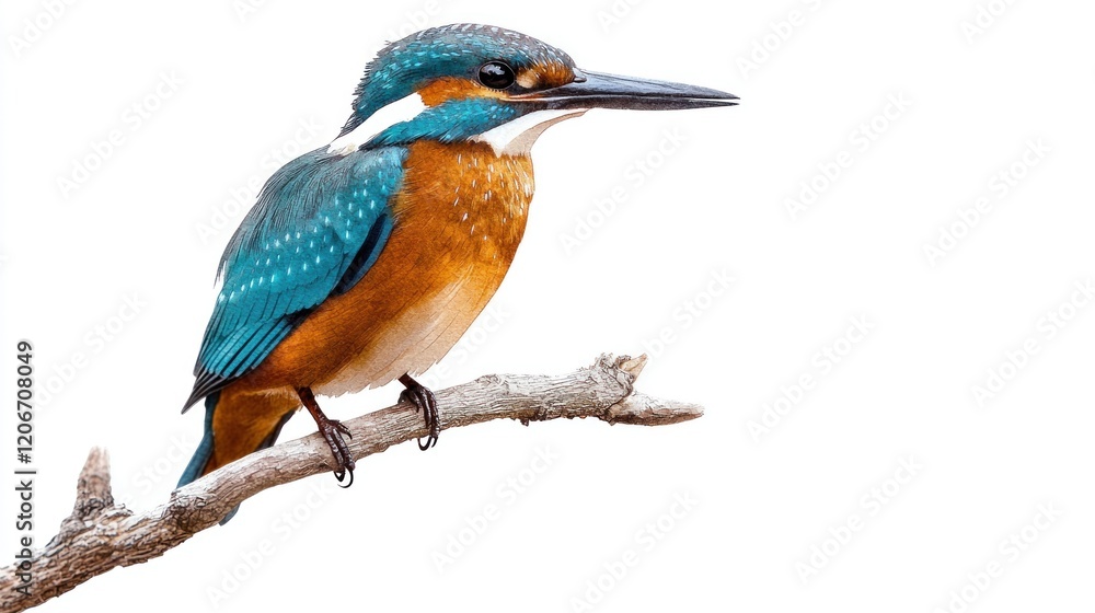 Colorful Kingfisher Perched on Branch Against White Background Colorful Kingfisher Perched on Branch Against White Background