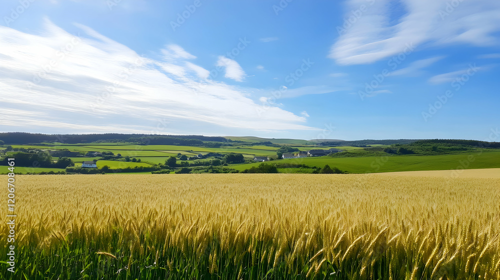 Obraz premium Golden wheat field, rolling hills, village background, sunny day, idyllic rural landscape, perfect for travel brochures
