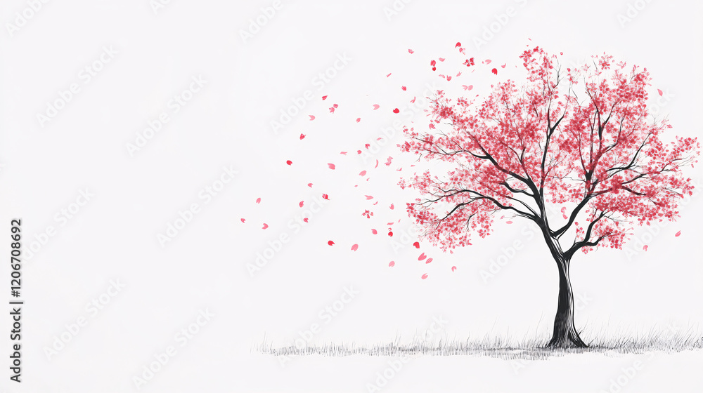 simple minimalist pink cherry blossom tree illustration with falling petals on white background simple minimalist pink cherry blossom tree illustration with falling petals on white background