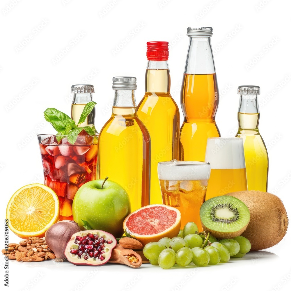 Assorted beverages, fruits, & nuts on white Assorted beverages, fruits, & nuts on white