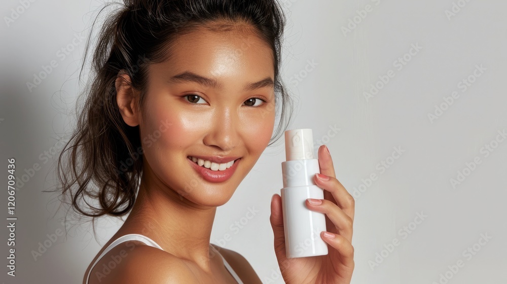 Smiling woman holding skincare product with glowing skin in a light background. Smiling woman holding skincare product with glowing skin in a light background.