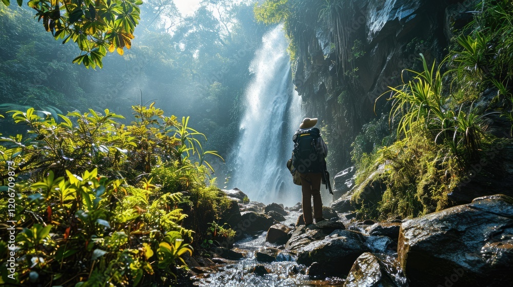 A hiker stands near a waterfall, surrounded by lush greenery and misty sunlight. A hiker stands near a waterfall, surrounded by lush greenery and misty sunlight.