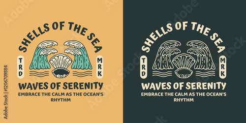 Vintage Ocean Shell Logo Design with Nautical Waves for T-Shirts, Stickers, and Coastal-Inspired Prints.