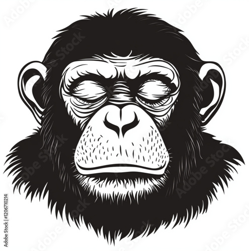 a picture of a monkey with its eyes closed. The picture only have outlines , white background photo