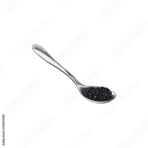 Black caviar on a spoon vector hand drawn, sea food healthy natural delicacy product sketch, sturgeon or beluga fish roe