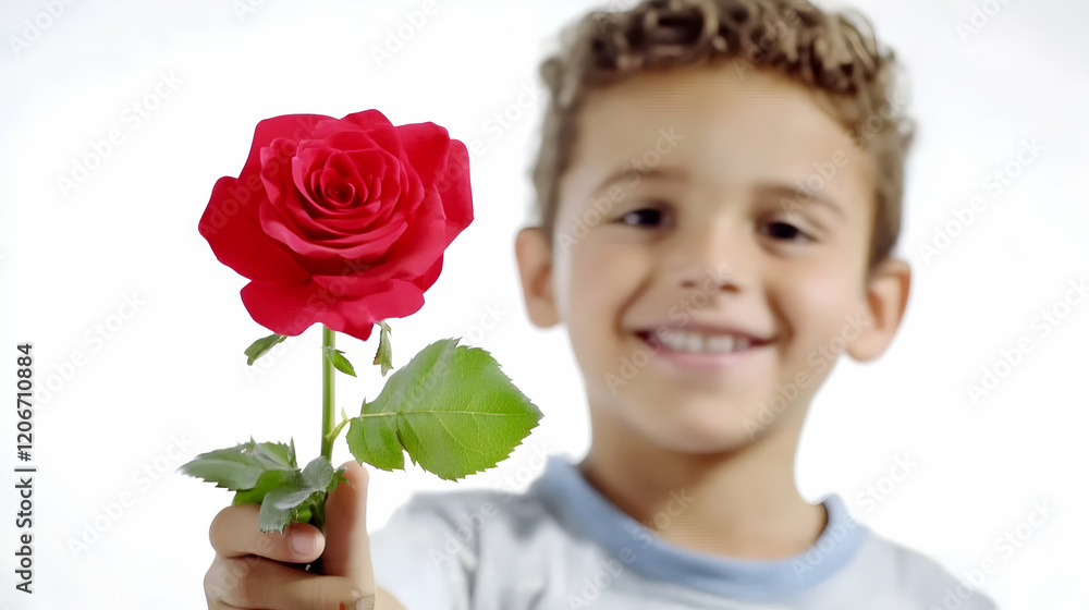 Happy boy offering red rose, studio shot, white background, Valentine's Day card Happy boy offering red rose, studio shot, white background, Valentine's Day card