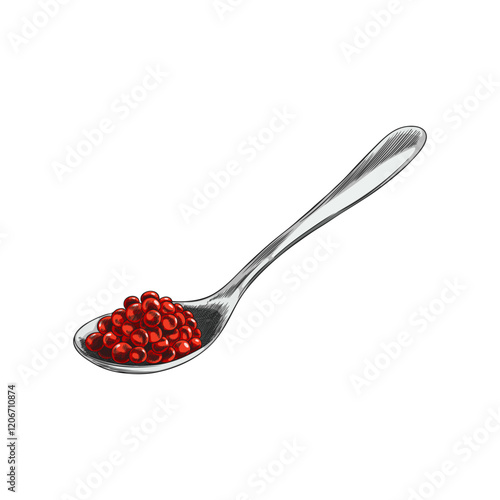Vector element with red caviar in an iron spoon on a white background