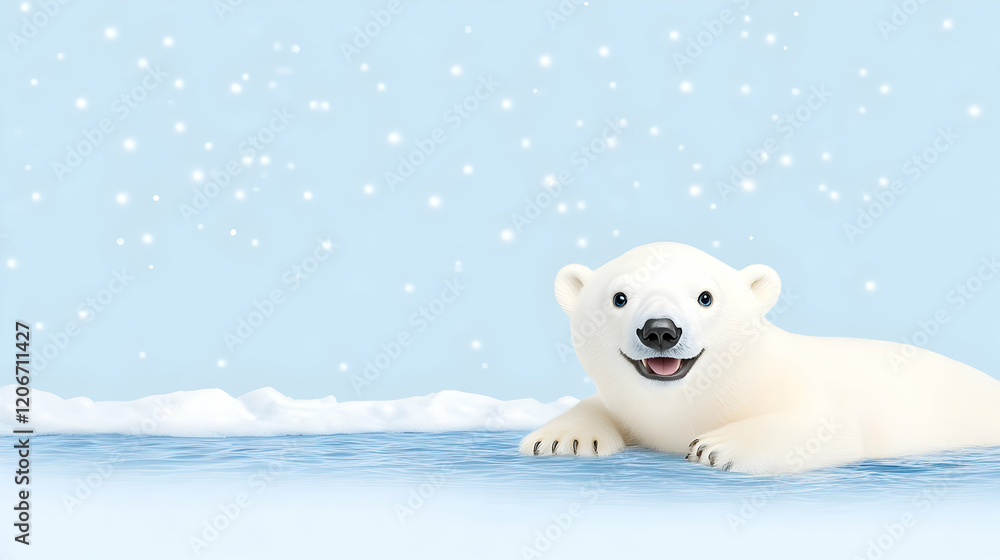 Happy polar bear cub in snowy arctic landscape, winter wonderland scene, ideal for holiday cards Happy polar bear cub in snowy arctic landscape, winter wonderland scene, ideal for holiday cards