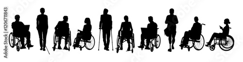Silhouettes of diverse disabled people standing, walking, men, women sitting in wheelchair. Inclusive business concept. Vector black illustrations isolated on transparent background.