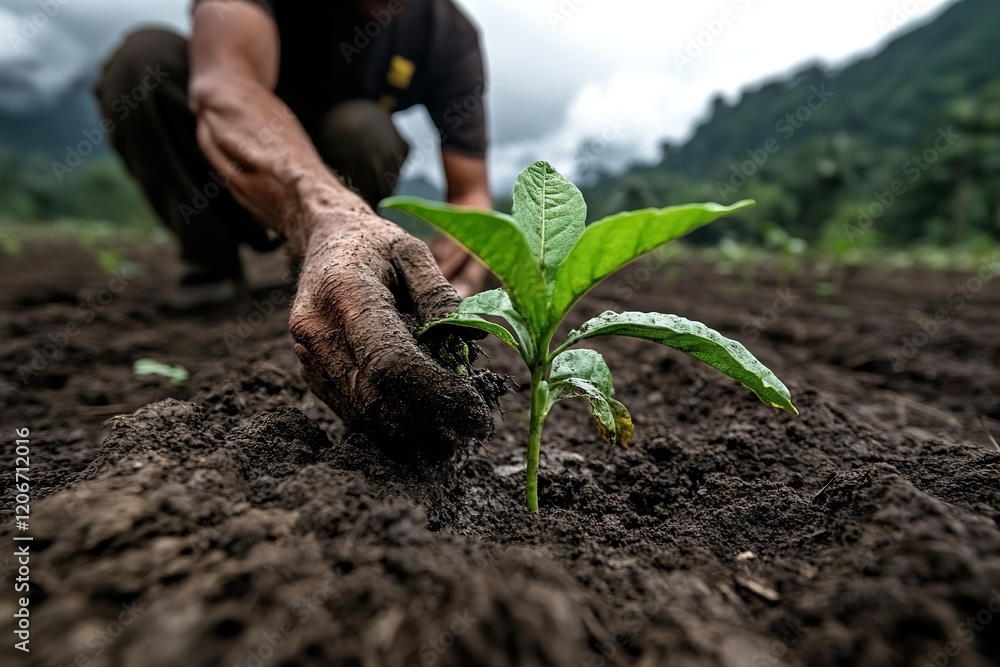 A person is carefully planting a young sapling into fertile soil. The backdrop features rolling hills and cloud-covered mountains, indicating a fresh, vibrant environment A person is carefully planting a young sapling into fertile soil. The backdrop features rolling hills and cloud-covered mountains, indicating a fresh, vibrant environment