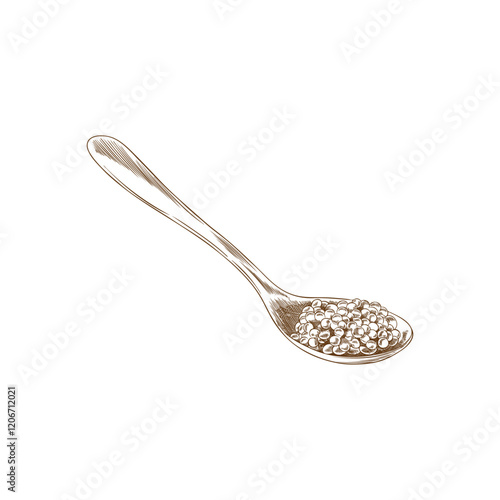 Vector monochrome illustration of spoon with caviar on isolated background.