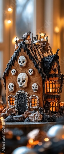 Spooky gingerbread house, indoor, lights blurred, Halloween photo