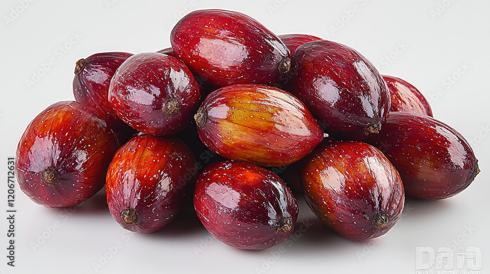 Obraz premium Close-up of a pile of fresh, ripe red palm fruits with glossy skin, showing natural texture and color variations against a white background.