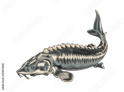 Vector image of a colorful sturgeon in sketch style on a white background.