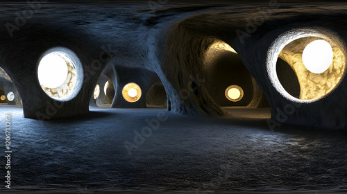 Fototapeta Naklejka Na Ścianę i Meble -  Illuminated cave interior, 360 view, abstract architecture, VR background