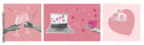 Set of fashionable halftone collages. Concept of celebration, congratulations, fun. Hands holding glasses with sparkling wine,glitter heart, halftone roses