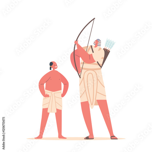 People Of Ancient Egypt Little Boy With Shaved Head Wear Kilt And Archer Warrior Character Holding Bow And Arrows