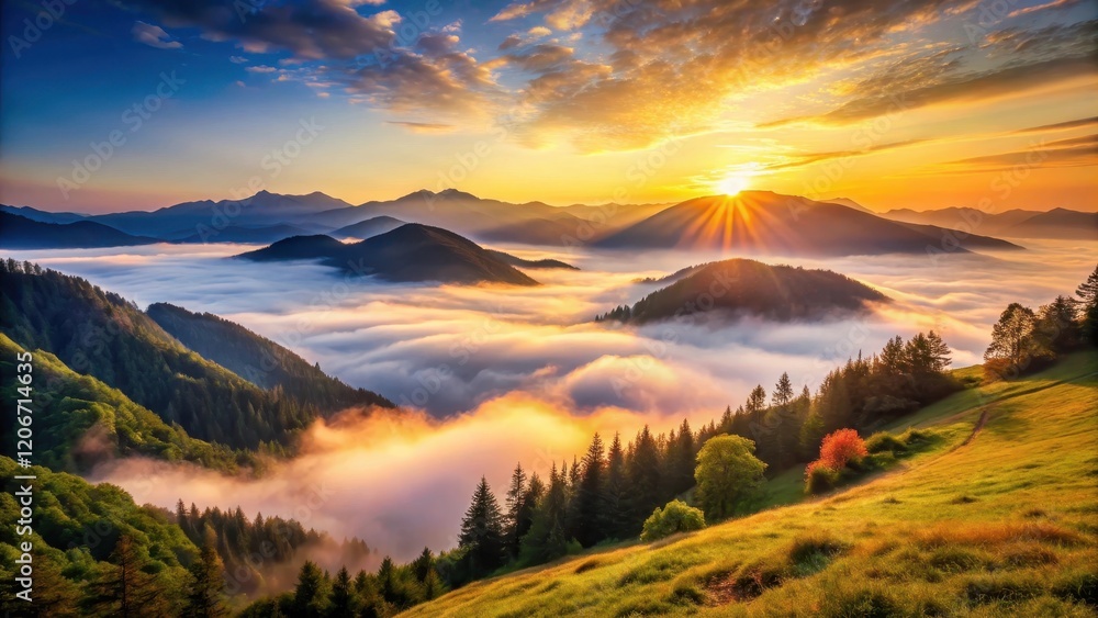 A serene mountain landscape at sunrise with mist rising from the valley below , outdoors, landscape, outdoors A serene mountain landscape at sunrise with mist rising from the valley below , outdoors, landscape, outdoors