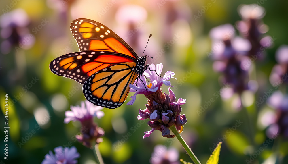 Fototapeta premium Vibrant Monarch Butterfly Soaring Over Colorful Flowers in a Sunny Field