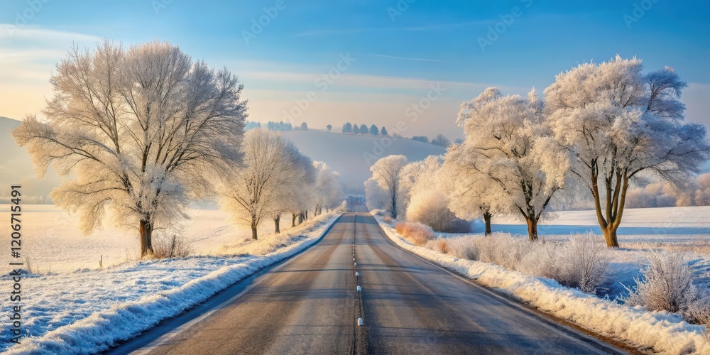 A serene winter landscape with a snow-covered road stretching into the distance, lined with bare trees and surrounded by frosty hills, frost, isolated location A serene winter landscape with a snow-covered road stretching into the distance, lined with bare trees and surrounded by frosty hills, frost, isolated location
