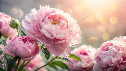 Fototapeta Naklejka Na Ścianę i Meble -  Softly glowing pink peonies with delicate petals unfolding like silk