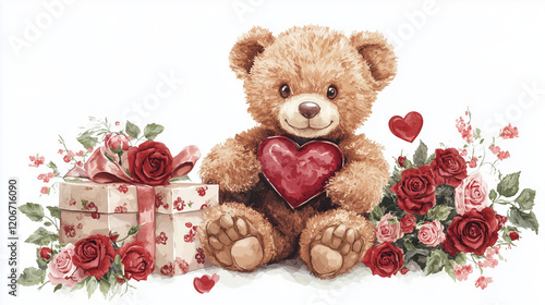 Adorable Teddy Bear Holding a Heart with Roses and Gift Box: Perfect Valentine's Day Clipart for Love and Celebration photo