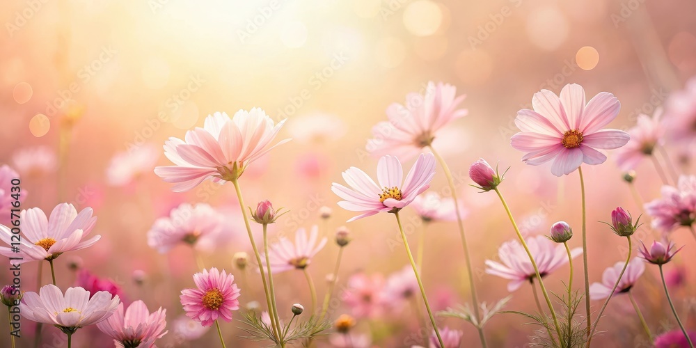 Naklejka premium Soft Pink Floral Field with Gentle Breeze , flower landscape, natural light, flower landscape