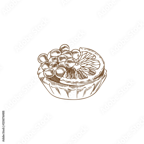 Monochrome Illustration of red or black caviar with lemon on a tartlet.