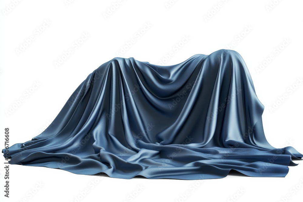 Mysterious object covered by elegant blue silk cloth on white background. Mysterious object covered by elegant blue silk cloth on white background.