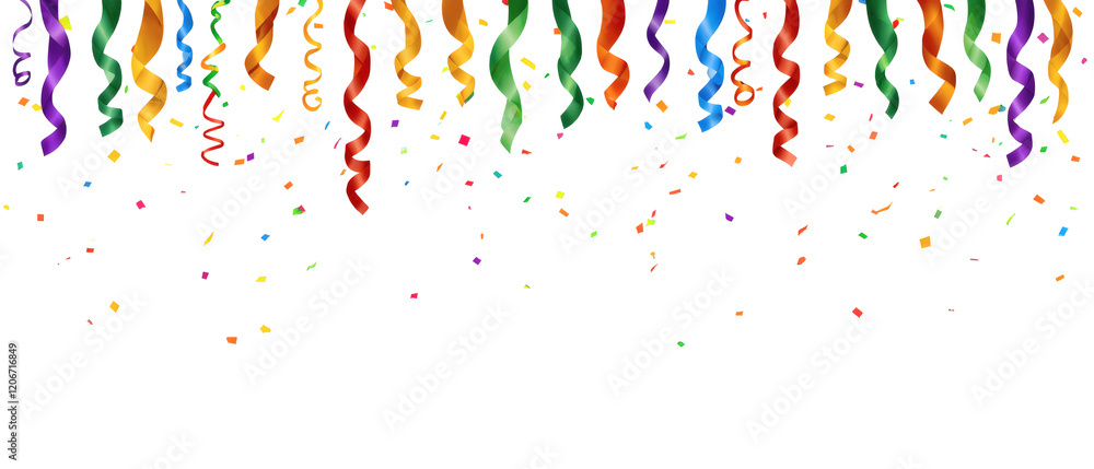 Fototapeta premium Rainbow colored paper and ribbons fall. Multicolored rainbow confetti and party ribbons PNG transparent