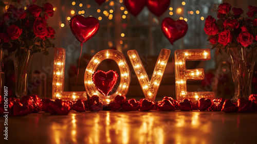 Romantic Valentine's Day Decor: Heart Light Bulb with Roses, Balloons, Red Flowers, and Candles for Perfect Ambiance photo