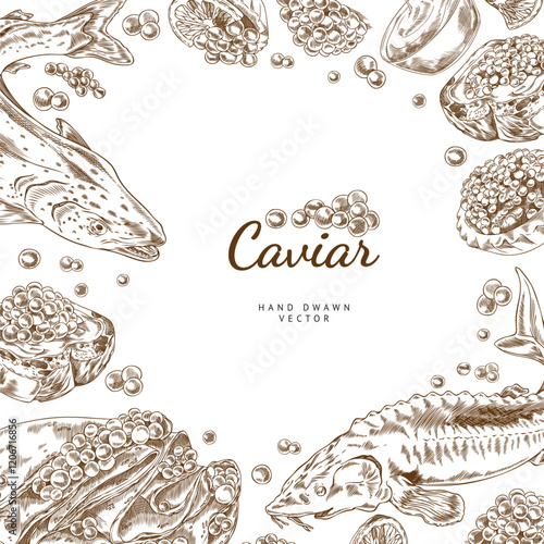 Vector poster with a caviar frame in the style of a hand-drawn outline sketch