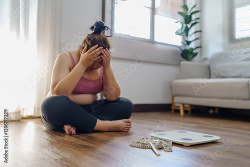 Fotografija Obese Woman with fat upset bored of dieting Weight loss fail  Fat diet and scale
