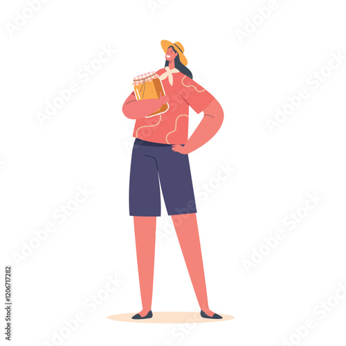 Female Character Holding Glass Jar with Fresh Flower Honey Isolated on White Background. Apiary Farm