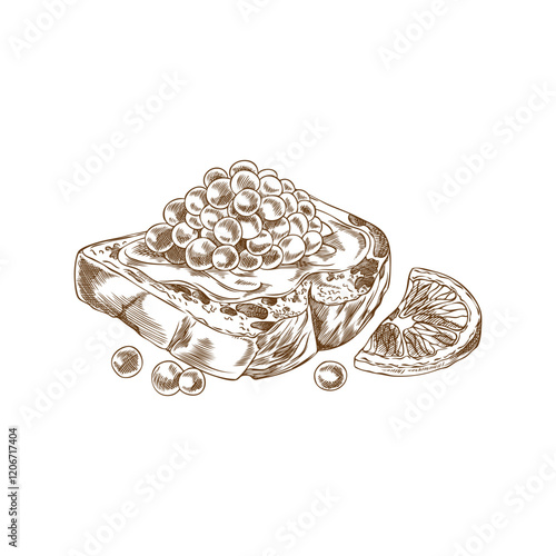 Caviar heap on buttered bread with lemon slice vector engraved hand drawn, sea food, natural delicacy appetizer, snack