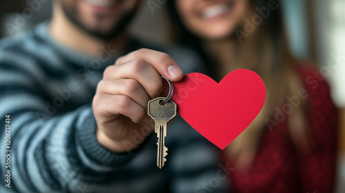 Smiling Couple Holding Red Heart and Key, Perfect Symbol for Valentine's Day Love or Dream Home Housewarming photo