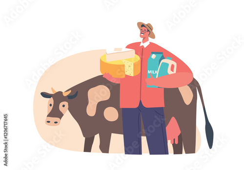 Farmer Male Character Stands Proudly Beside His Cow, Showcasing An Array Of Fresh Dairy Products Including Milk, Cheese