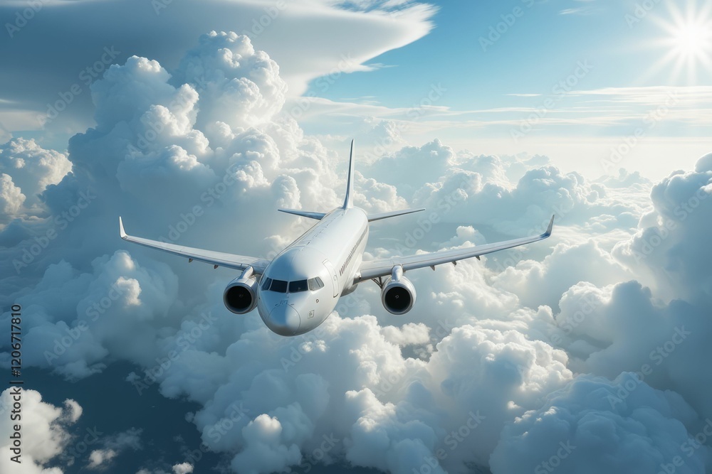 Airplane Soaring Above Fluffy Clouds In Bright Sky Airplane Soaring Above Fluffy Clouds In Bright Sky