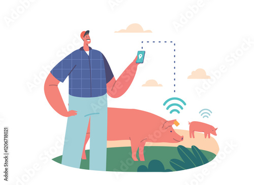 Farming Innovations Concept. Farmer Character Tracks Pigs on Livestock Using Gps Technology, Ensuring Efficient Grazing